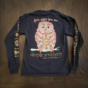 Simply Southern Owl Long Sleeve Tee Navy Blue Size Small